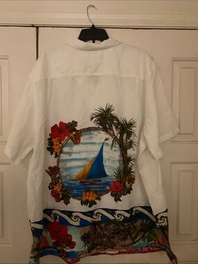 Caribbean White Hawaiian Button-Down Shirt with Blue & Yellow Sailboat Print